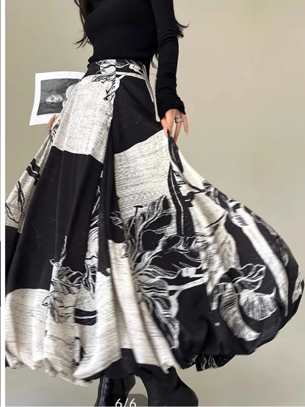 Commense Black and White Print Bubble Hem Maxi Skirt